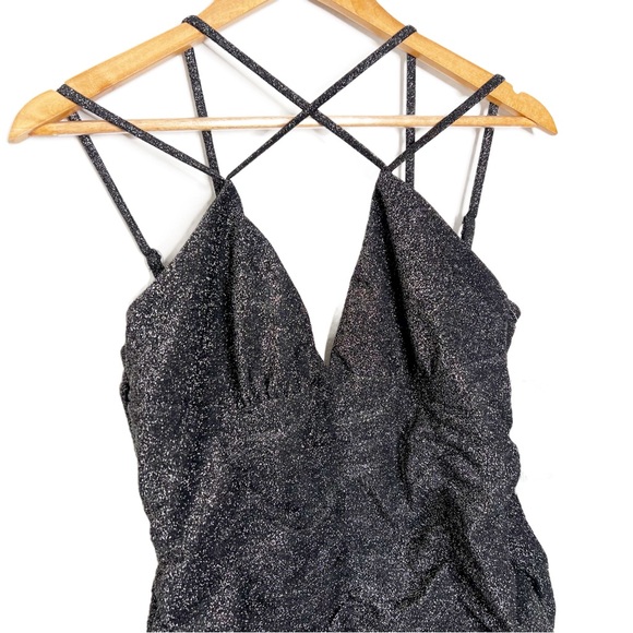 NWT Wild Fable Black Sparkle Ruched Bodycon Mini Dress Spaghetti Straps V Neck - Picture 3 of 16